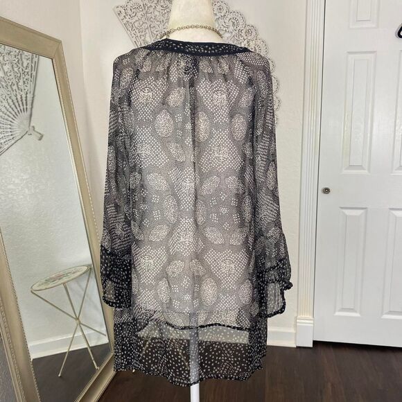 Ella Moss Whimsygoth Boho Black White Sheer Long 100% Silk Tunic Blouse S - Picture 5 of 8